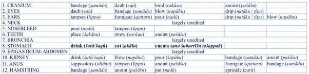 table summarising the materials and techniques for applying medicine in each of the 12 treatises of the Encycolpaedia