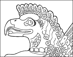 Line drawing of bird headed genie, ready for colouring in