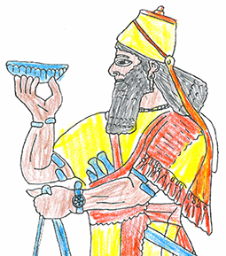 Drawing of an Assyrian king, coloured-in with bright colours